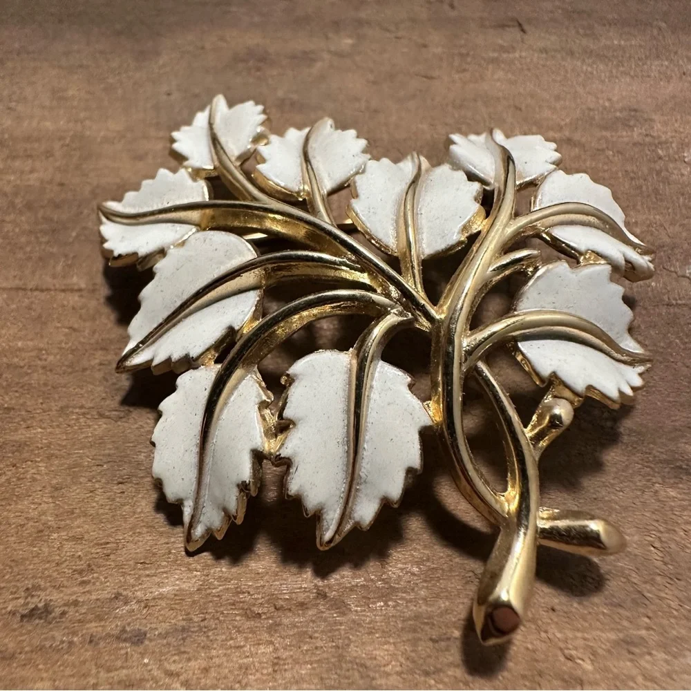 Trifari Vintage Brooch- White Enamel Leaves- Crown Trifari